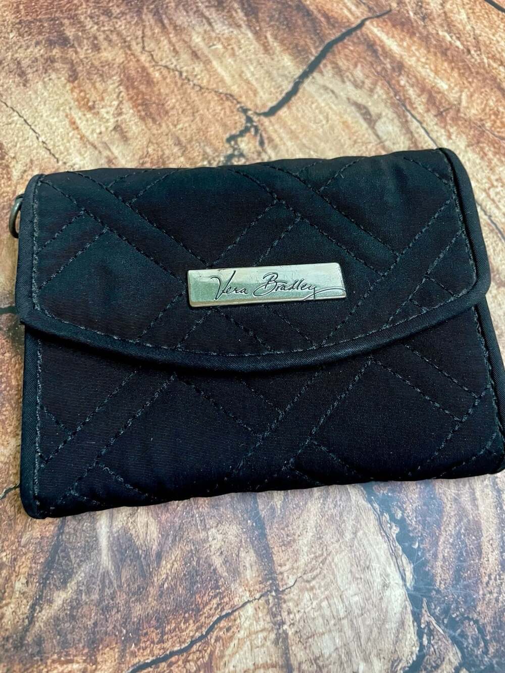 Vera Bradley Black Quilted Cotton Trifold Wallet with Geometric Interior Pattern